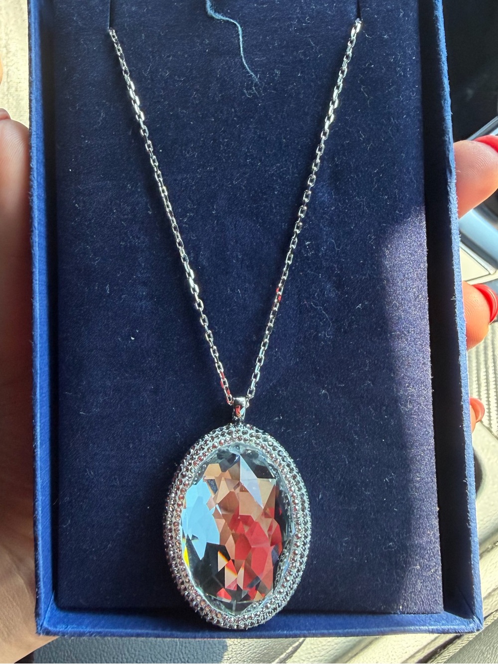 Silver Crystal Oval Pendant Necklace - Clear/Silver